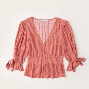 Abercrombie Tie-Sleeve Peasant Top with Red Floral Pattern, Size L